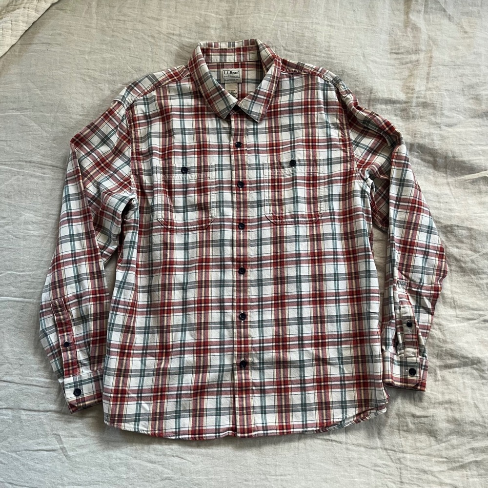 L.L. Bean Traditional Fit Flannel Shirt Mens Large Tan Green Orange Plaid